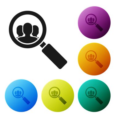 Arama için siyah Büyüteç beyaz arka plan üzerinde izole bir kişi simgesi. İşe alım veya seçim konsepti. Çalışanları ve işi arayın. Simgeleri renkli daire düğmeleri ayarlayın. Vektör İllüstrasyonu