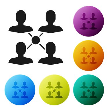 Siyah Proje takım taban simgesi beyaz arka planda yalıtılmış. İş analizi ve planlaması, danışmanlık, ekip çalışması, proje yönetimi. Simgeleri renkli daire düğmeleri ayarlayın. Vektör İllüstrasyonu