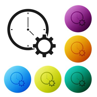 Siyah zaman yönetimi simgesi beyaz arka planda yalıtılmış. Saat ve vites işareti. Verimlilik sembolü. Simgeler renkli daire düğmelerini ayarlayın. Vektör Illustration