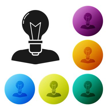 Beyaz arka plan üzerinde izole lamba ampul simgesi ile Siyah İnsan kafası. Simgeleri renkli daire düğmeleri ayarlayın. Vektör İllüstrasyonu
