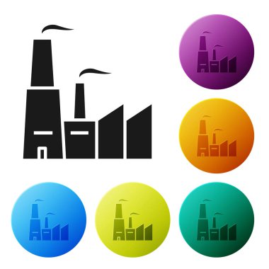 Siyah Fabrika simgesi beyaz arka planda yalıtılmış. Endüstriyel bina. Simgeleri renkli daire düğmeleri ayarlayın. Vektör İllüstrasyonu