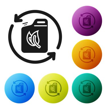 Siyah Bio yakıt kutusu simgesi beyaz arka plan üzerinde izole. Eko biyo ve varil. Yeşil çevre ve geri dönüşüm. Simgeleri renkli daire düğmeleri ayarlayın. Vektör İllüstrasyonu