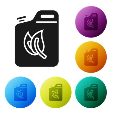 Siyah Bio yakıt kutusu simgesi beyaz arka plan üzerinde izole. Eko biyo ve varil. Yeşil çevre ve geri dönüşüm. Simgeleri renkli daire düğmeleri ayarlayın. Vektör İllüstrasyonu