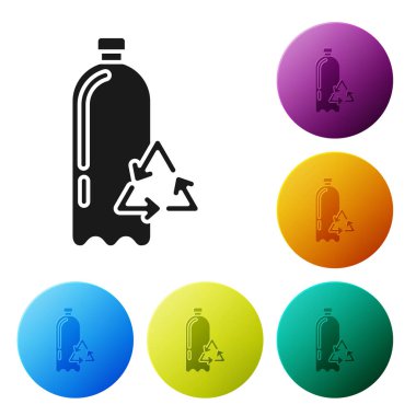 Siyah Geri Dönüşüm plastik şişe simgesi beyaz arka plan üzerinde izole. Simgeleri renkli daire düğmeleri ayarlayın. Vektör İllüstrasyonu