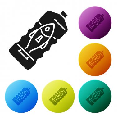 Siyah Stop okyanus plastik kirliliği simgesi beyaz arka plan üzerinde izole. Çevre koruma konsepti. Balıklar plastiğe hayır der. Simgeleri renkli daire düğmeleri ayarlayın. Vektör İllüstrasyonu