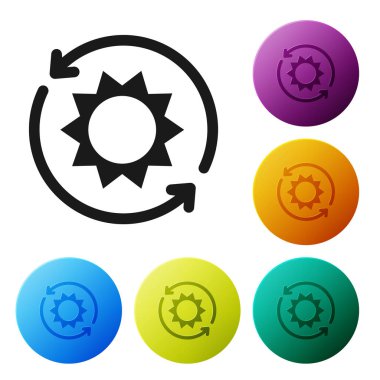 Siyah Güneş enerji paneli simgesi beyaz arka plan üzerinde izole. Şimşek sembolü olan güneş. Simgeleri renkli daire düğmeleri ayarlayın. Vektör İllüstrasyonu