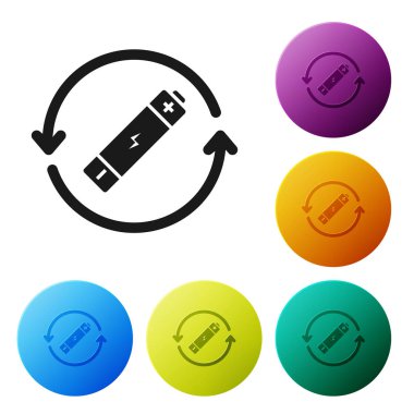 Beyaz arka planda yalıtılmış geri dönüşüm simgesi simgesine sahip Siyah Pil. Geri dönüşüm sembolü ile Pil - yenilenebilir enerji kavramı. Simgeleri renkli daire düğmeleri ayarlayın. Vektör İllüstrasyonu