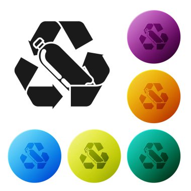 Siyah Geri Dönüşüm plastik şişe simgesi beyaz arka plan üzerinde izole. Simgeleri renkli daire düğmeleri ayarlayın. Vektör İllüstrasyonu
