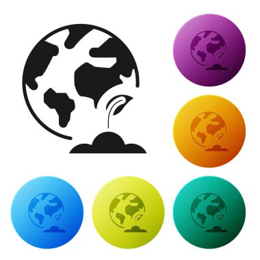 Siyah Dünya küresi ve bitki simgesi beyaz arka plan üzerinde izole. Dünya veya Dünya işareti. Geometrik şekiller. Çevre kavramı. Simgeleri renkli daire düğmeleri ayarlayın. Vektör İllüstrasyonu
