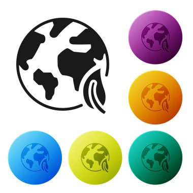 Siyah Dünya küresi ve beyaz arka plan üzerinde izole yaprak simgesi. Dünya veya Dünya işareti. Geometrik şekiller. Çevre kavramı. Simgeleri renkli daire düğmeleri ayarlayın. Vektör İllüstrasyonu