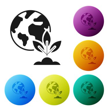 Siyah Dünya küresi ve bitki simgesi beyaz arka plan üzerinde izole. Dünya veya Dünya işareti. Geometrik şekiller. Çevre kavramı. Simgeleri renkli daire düğmeleri ayarlayın. Vektör İllüstrasyonu