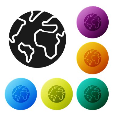 Siyah toprak küre simgesi beyaz arka planda izole. Dünya veya dünya tabelası. Küresel internet sembolü. Geometrik şekiller. Simgeler renkli daire düğmelerini ayarlayın. Vektör Illustration