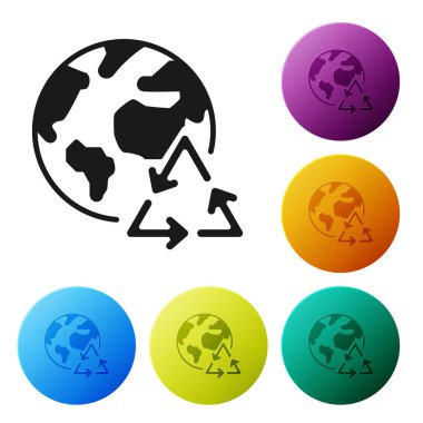 Black Planet dünya ve beyaz arka plan üzerinde izole bir geri dönüşüm simgesi. Çevre kavramı. Simgeleri renkli daire düğmeleri ayarlayın. Vektör İllüstrasyonu