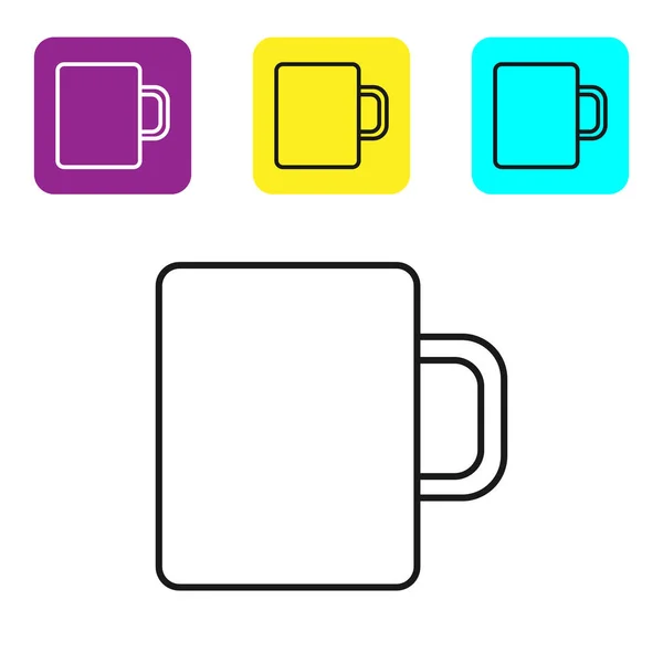 Línea negra Icono plano taza de café aislado sobre fondo blanco. Taza de té. Café caliente. Establecer iconos coloridos botones cuadrados. Ilustración vectorial — Vector de stock