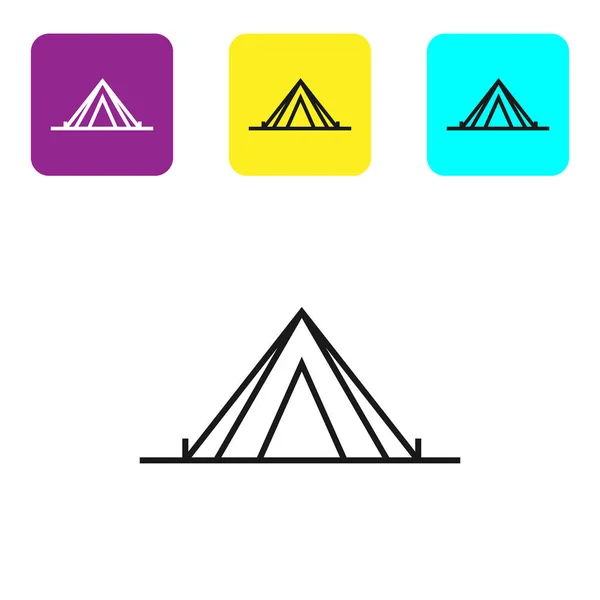 Svart linje turist tält ikon isolerad på vit bakgrund. Camping symbol. Ange ikoner färgglada fyrkantiga knappar. Vektor illustration — Stock vektor