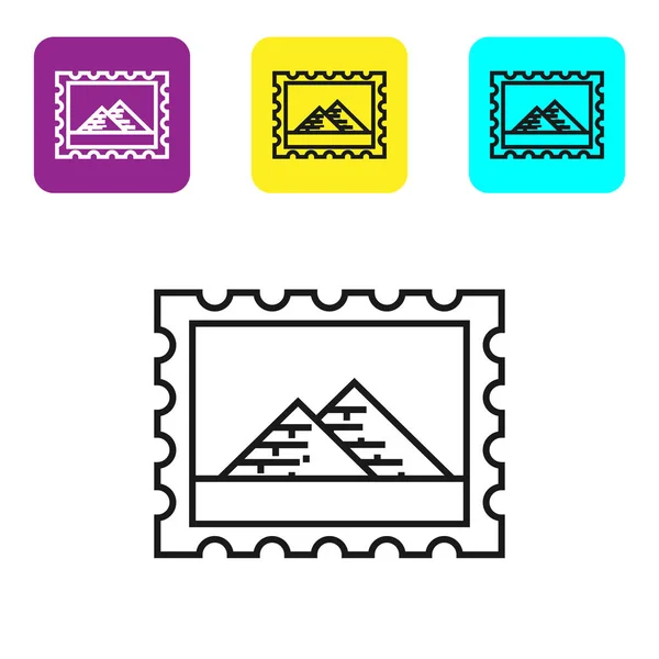 Linea nera Timbro postale e l'Egitto piramidi icona isolata su sfondo bianco. Set icone colorate pulsanti quadrati. Illustrazione vettoriale — Vettoriale Stock