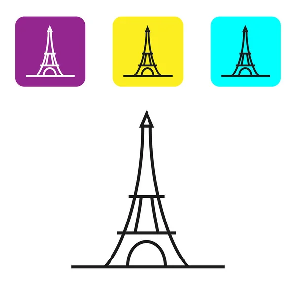 Ícone de torre Eiffel linha preta isolado no fundo branco. França Paris símbolo de referência. Definir ícones coloridos botões quadrados. Ilustração vetorial — Vetor de Stock