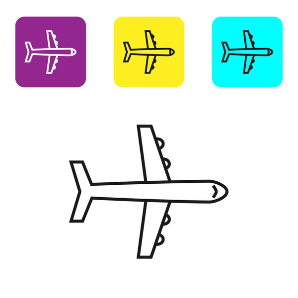 Icono plano de línea negra aislado sobre fondo blanco. Icono del avión volador. Firma del avión. Establecer iconos coloridos botones cuadrados. Ilustración vectorial — Vector de stock