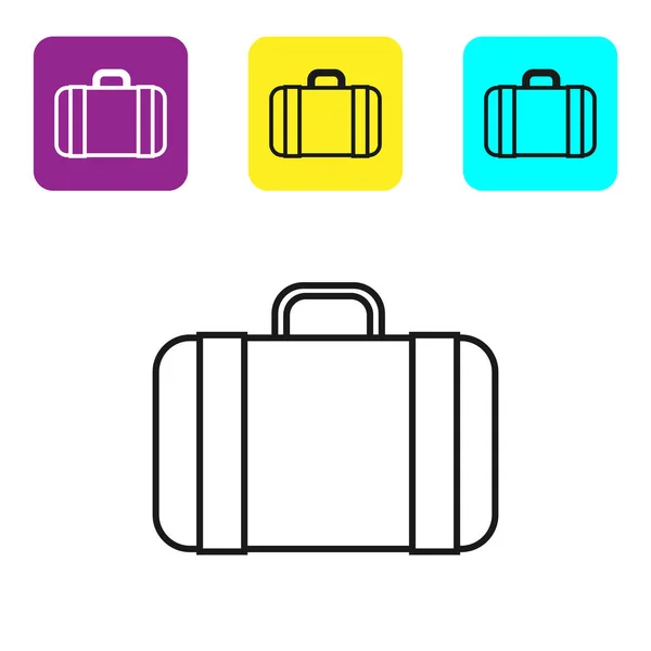 Maleta de línea negra para icono de viaje aislado sobre fondo blanco. Señal de equipaje de viaje. Icono de equipaje de viaje. Establecer iconos coloridos botones cuadrados. Ilustración vectorial — Vector de stock