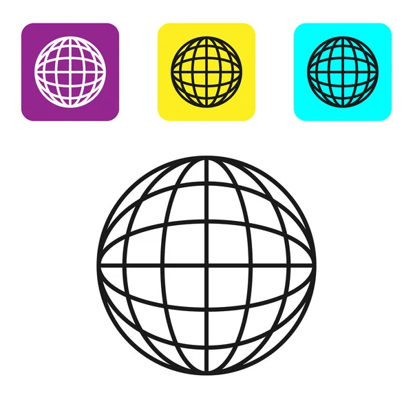 Siyah çizgi Dünya dünya simgesi beyaz arka plan üzerinde izole. Dünya veya Dünya işareti. Küresel internet sembolü. Geometrik şekiller. Simgeleri renkli kare düğmeleri ayarlayın. Vektör İllüstrasyonu