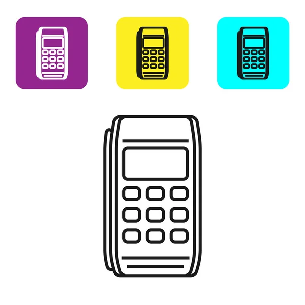 Schwarze Linie pos Terminal-Symbol isoliert auf weißem Hintergrund. Zahlungsterminal Transaktion. Bezahlen mit Karte. setzen Symbole bunte quadratische Tasten. Vektorillustration — Stockvektor