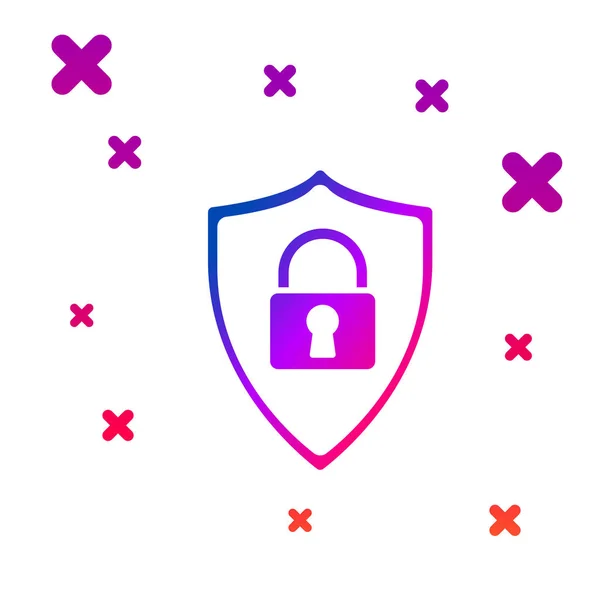 Color Escudo de seguridad con icono de bloqueo aislado sobre fondo blanco. Protección, seguridad, seguridad con contraseña. Señal de privacidad de acceso al firewall. Gradiente formas dinámicas aleatorias. Ilustración vectorial — Vector de stock