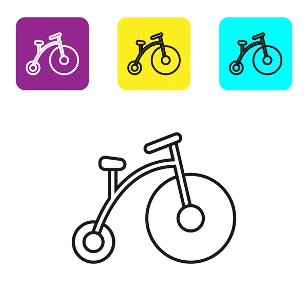 Linha preta Bicicleta vintage com uma grande roda e um pequeno ícone isolado no fundo branco. Bicicleta sinal de transporte público. Definir ícones coloridos botões quadrados. Ilustração vetorial —  Vetores de Stock