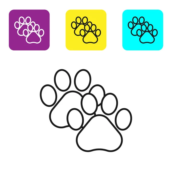 Schwarze Linie Pfotendruck-Symbol isoliert auf weißem Hintergrund. Pfotenabdruck für Hund oder Katze. Tierspur. setzen Symbole bunte quadratische Tasten. Vektorillustration — Stockvektor