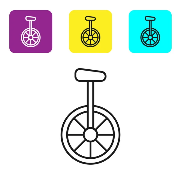 Svart linje enhjuling eller ett hjul cykel ikonen isolerad på vit bakgrund. MonoWheel cykel. Ange ikoner färgglada fyrkantiga knappar. Vektor illustration — Stock vektor