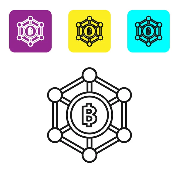 Siyah çizgi Blockchain teknolojisi Bitcoin simgesi beyaz arka plan üzerinde. Soyut geometrik blok zincir ağ teknolojisi iş. Simgeleri renkli kare düğmeleri ayarlayın. Vektör İllüstrasyonu — Stok Vektör