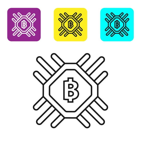 Beyaz arka plan üzerinde Siyah çizgi Cpu madenciliği çiftlik simgesi. Bitcoin işlemci içinde işareti. Kripto para madenciliği topluluğu. Dijital para. Simgeleri renkli kare düğmeleri ayarlayın. Vektör İllüstrasyonu