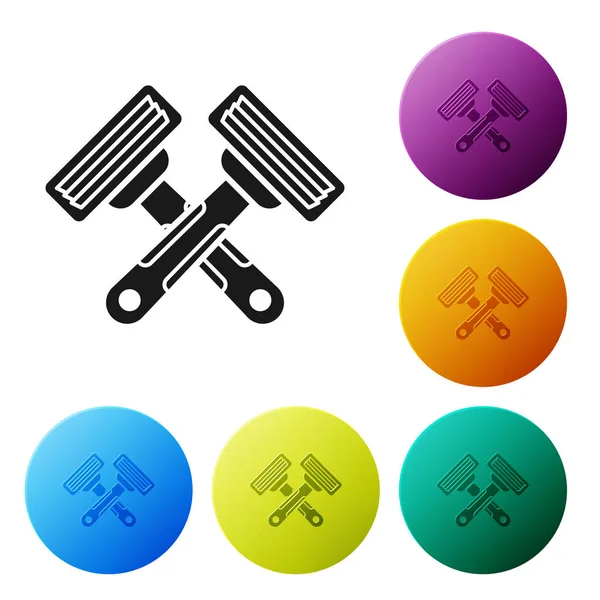 Siyah Crossed tıraş jilet simgesi beyaz arka plan üzerinde izole. Simgeleri renkli daire düğmeleri ayarlayın. Vektör İllüstrasyonu