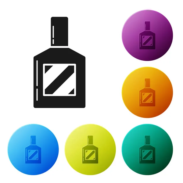 Black Aftershave icon isolated on white background. Cologne spray icon. Male perfume bottle. Set icons colorful circle buttons. Vector Illustration — Stock Vector