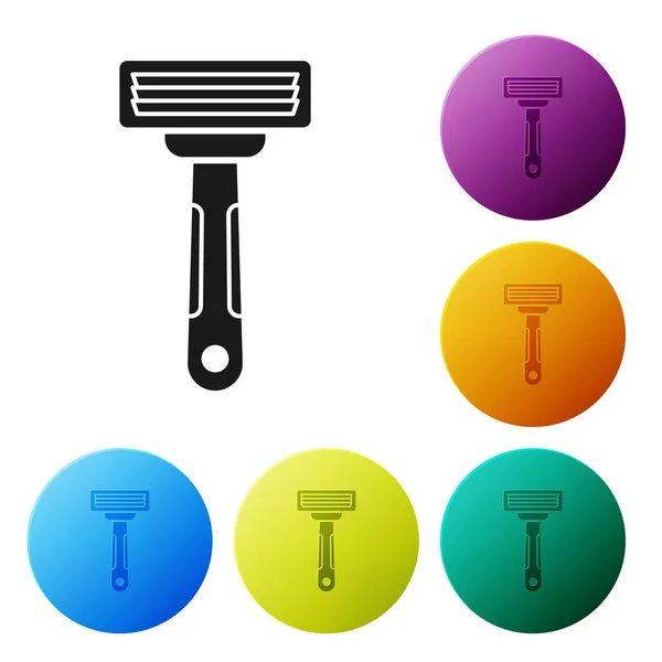 Zwarte scheren Razor pictogram geïsoleerd op witte achtergrond. Set pictogrammen kleurrijke cirkel knoppen. Vector illustratie — Stockvector