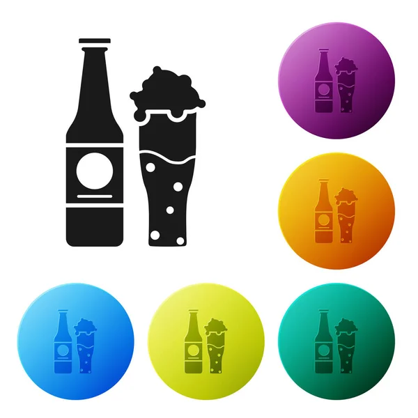 Μαύρη μπύρα μπουκάλι και γυαλί εικονίδιο απομονώνεται σε λευκό φόντο. Σύμβολο αλκοολούχων ποτών. Ορίστε εικονίδια πολύχρωμα κουμπιά Circle. Απεικόνιση διανυσματικών φορέων — Διανυσματικό Αρχείο