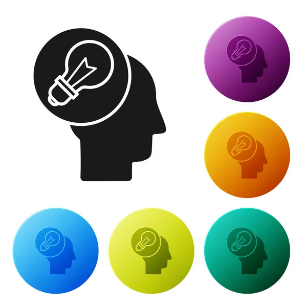 Cabeza humana negra con icono de bombilla aislada sobre fondo blanco. Establecer iconos botones círculo de colores. Ilustración vectorial — Vector de stock