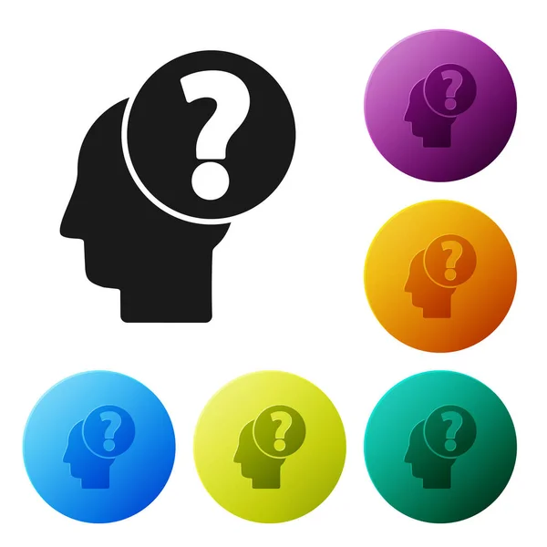 Schwarzer menschlicher Kopf mit Fragezeichen-Symbol auf weißem Hintergrund. setzen Symbole bunte Kreis-Tasten. Vektorillustration — Stockvektor