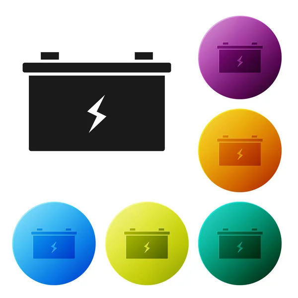 Icône de batterie voiture noire isolée sur fond blanc. Accumulateur batterie énergie et accumulateur d'électricité batterie. Définir des icônes boutons de cercle colorés. Illustration vectorielle — Image vectorielle