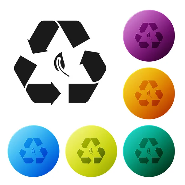 Negro Reciclar símbolo y hoja icono aislado sobre fondo blanco. El medio ambiente reciclable se vuelve verde. Establecer iconos botones círculo de colores. Ilustración vectorial — Vector de stock