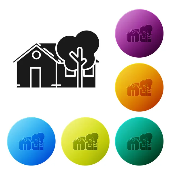 Schwarzes umweltfreundliches Haussymbol isoliert auf weißem Hintergrund. Ökohaus mit Baum. setzen Symbole bunte Kreis-Tasten. Vektorillustration — Stockvektor