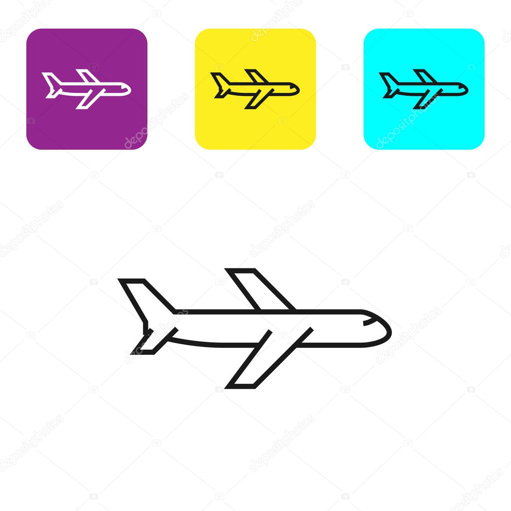 Black line Plane icon isolated on white background. Flying airplane icon. Airliner sign. Set icons colorful square buttons. Vector Illustration