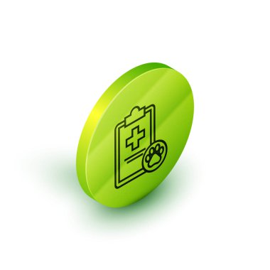 Beyaz arka plan üzerinde izole tıbbi klinik kayıt pet simgesi ile İzometrik çizgi Pano. Sağlık sigortası formu. Tıbbi kontrol işaretleri raporu. Yeşil daire düğmesi. Vektör İllüstrasyonu