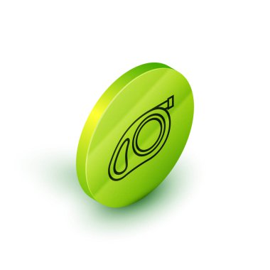 İzometrik hat Beyaz arka plan üzerinde izole karabina simgesi ile geri çekilebilir kordon tasma. Evcil köpek kurşunu. Evcil hayvan malzemeleri. Açık havada yürüyüş için hayvan aksesuarı. Yeşil daire düğmesi. Vektör İllüstrasyonu