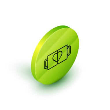 İzometrik çizgi Beyaz arka planda izole edilmiş iki kahve fincanı ve kalp simgesi. Sevgililer Günü'nde sevgililer için çift kahve. Yeşil daire düğmesi. Vektör İllüstrasyonu