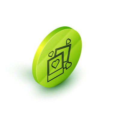 İzometrik çizgi İki boşluk fotoğraf çerçeveleri ve beyaz arka plan üzerinde izole kalpler simgesi. Sevgililer Günü sembolü. Yeşil daire düğmesi. Vektör İllüstrasyonu