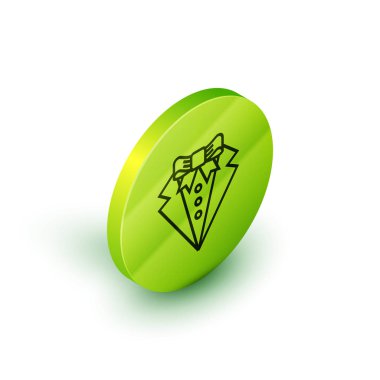 İzometrik çizgi Beyaz arka planda yalıtılmış Takım simgesi. Smokin. Kravatlı düğün kıyafetleri. Yeşil daire düğmesi. Vektör İllüstrasyonu