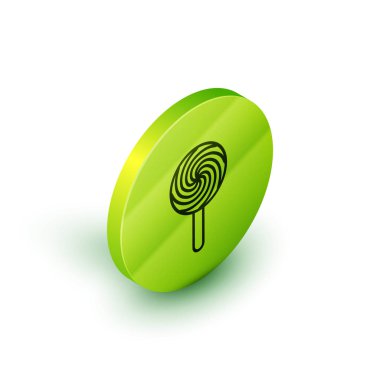 Beyaz arka planda izole edilmiş İzometrik çizgi Lollipop simgesi. Yemek, lezzetli sembol. Yeşil daire düğmesi. Vektör İllüstrasyonu