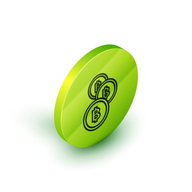 Beyaz arka planda izole edilmiş İzometrik çizgi Cryptocurrency sikke Bitcoin simgesi. Fiziksel biraz para. Blockchain tabanlı güvenli kripto para birimi. Yeşil daire düğmesi. Vektör İllüstrasyonu