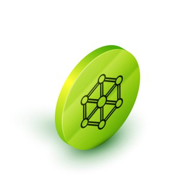 İzometrik çizgi Blockchain teknoloji simgesi beyaz arka plan üzerinde izole. Kripto para birimi verileri. Soyut geometrik blok zincir ağ teknolojisi iş. Yeşil daire düğmesi. Vektör İllüstrasyonu