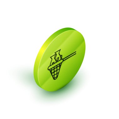 İzometrik çizgi Balık simgesi beyaz arka plan üzerinde izole ile balıkçılık ağı. Yeşil daire düğmesi. Vektör İllüstrasyonu